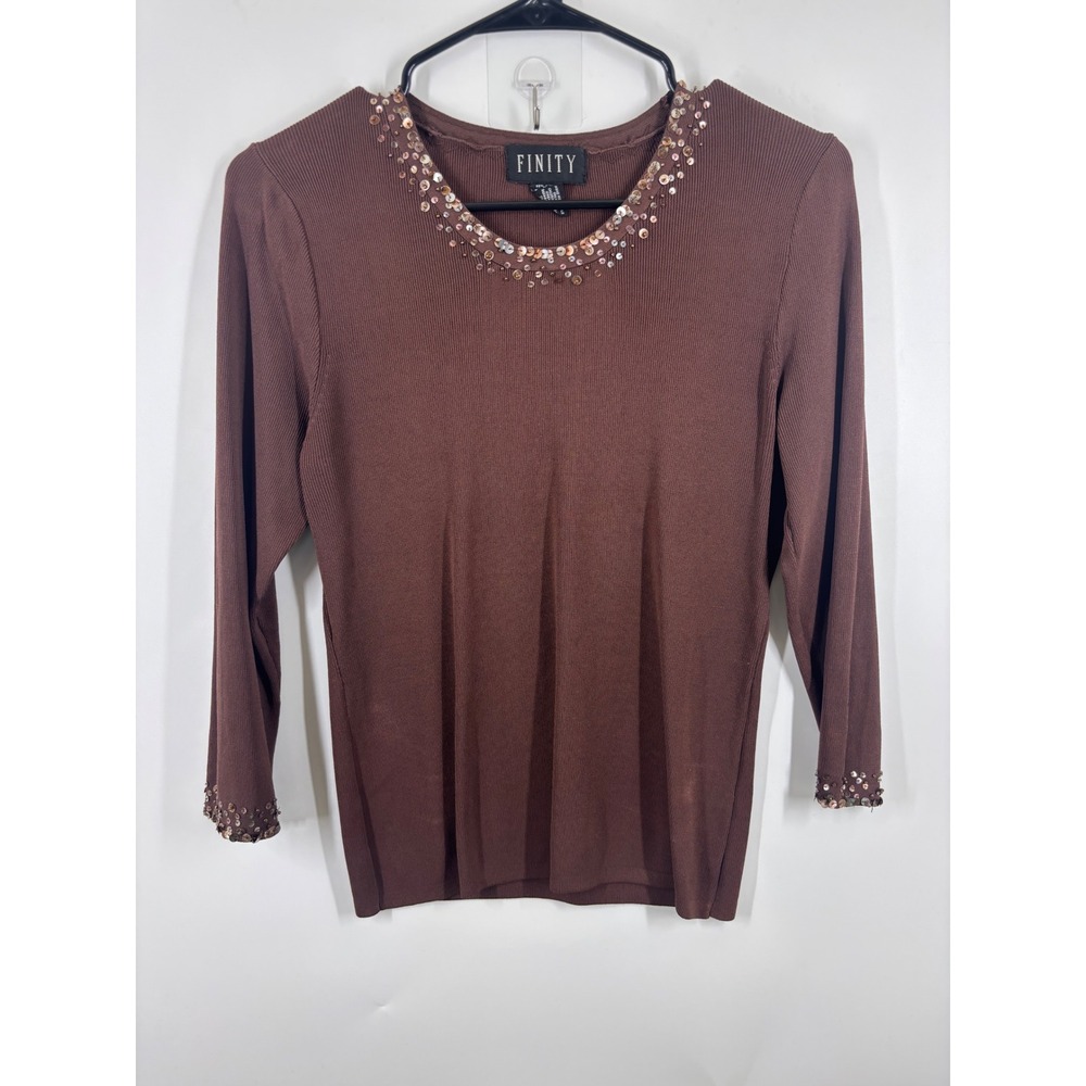 Finity Brown Sequin Embellished Ribbed Knit Sweater Scoop Neck Medium
